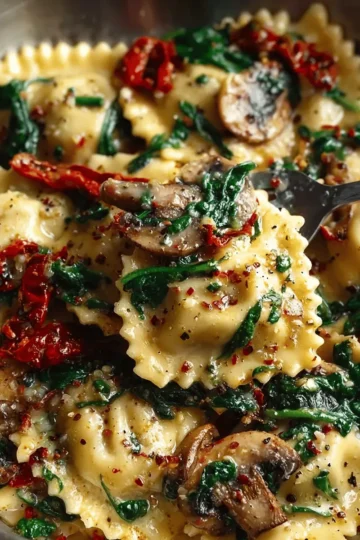 Cheesy Ravioli with Spinach, Mushrooms & Sun-Dried Tomatoes