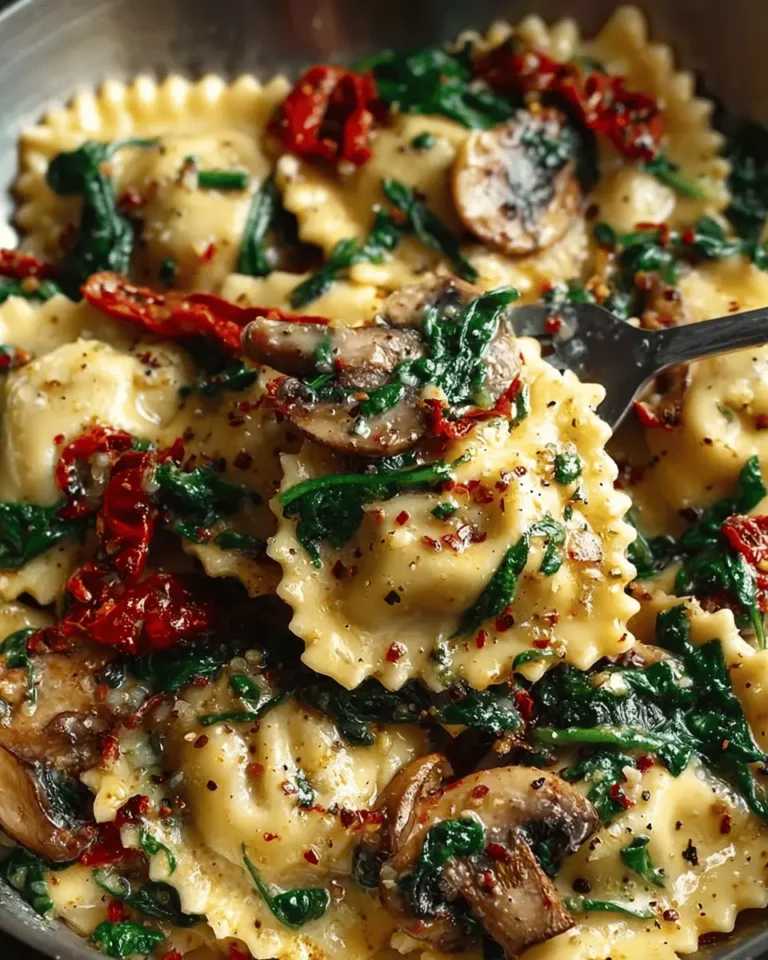 Cheesy Ravioli with Spinach, Mushrooms & Sun-Dried Tomatoes