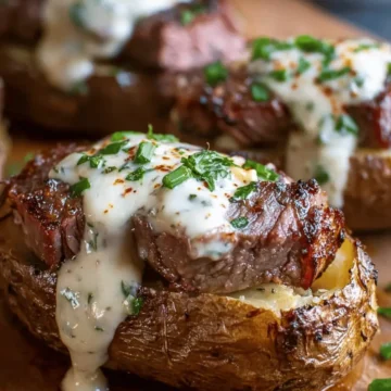 Steak-Stuffed Baked Potatoes with Creamy Parmesan Sauce