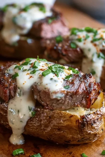 Steak-Stuffed Baked Potatoes with Creamy Parmesan Sauce