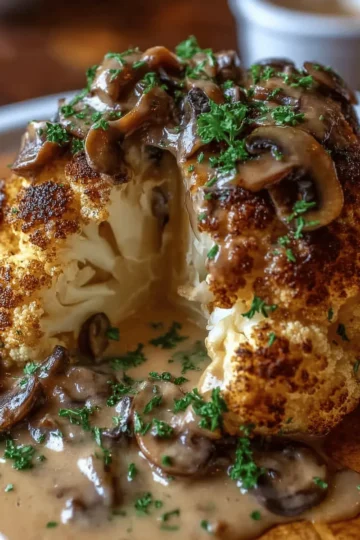 Roast Head of Cauliflower with Silky Mushroom and Gruyère Sauce