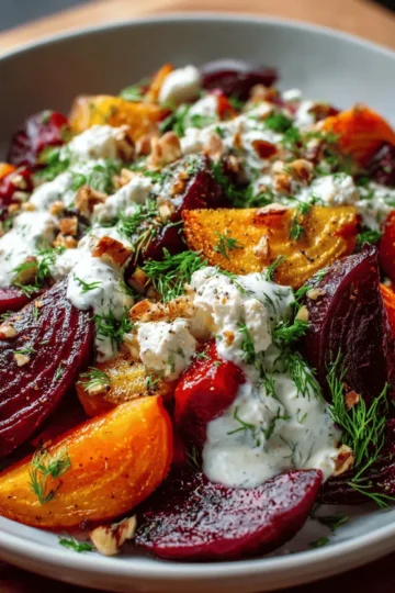 Roasted Beet and Carrot Salad with Feta and Garlic Yogurt Sauce