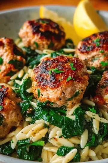Lemony Chicken Ricotta Meatballs Over Garlic Spinach Orzo