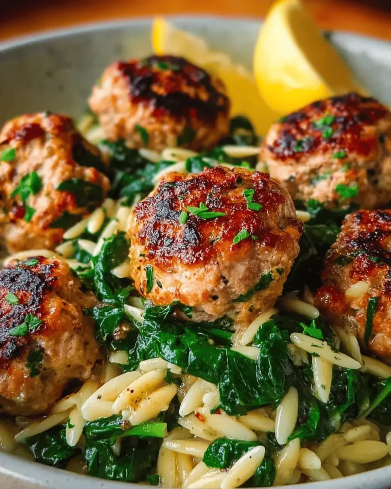 Lemony Chicken Ricotta Meatballs Over Garlic Spinach Orzo