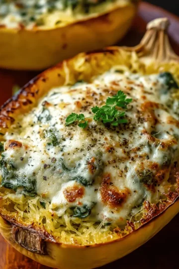 Cheesy Spinach Stuffed Spaghetti Squash with Garlic Sage Butter