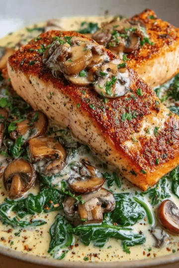 Garlic Butter Salmon with Spinach & Mushrooms in Creamy Sauce