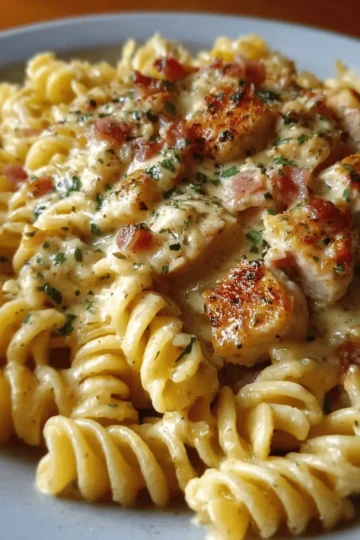 Creamy Garlic Butter Turkey Bacon, Chicken Ham & Rotini in Parmesan Sauce