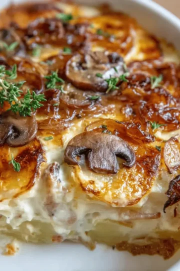 Creamy Potato, Mushroom, and Brie Bake with Caramelized Onions