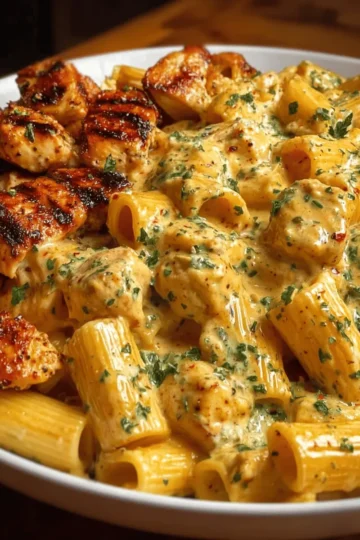 Garlic Butter Chicken Rigatoni in Creamy Cajun Three-Cheese Sauce