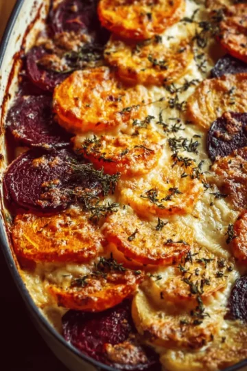 Root Vegetable Gratin with Sweet Potatoes, Parsnips, and Beets