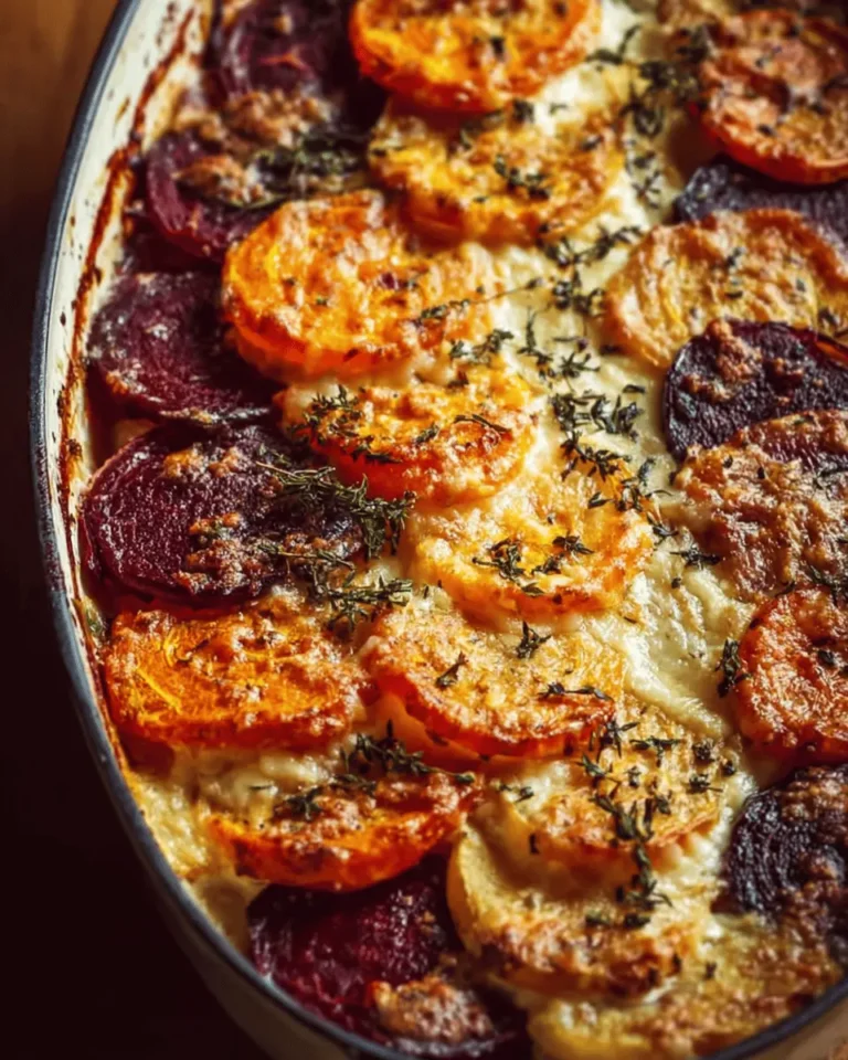 Root Vegetable Gratin with Sweet Potatoes, Parsnips, and Beets