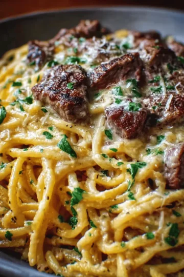 Steak Alfredo Spaghetti with Creamy Parmesan