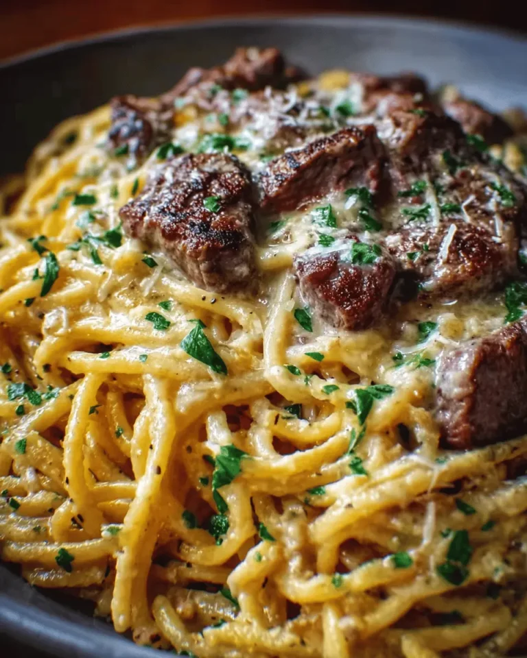 Steak Alfredo Spaghetti with Creamy Parmesan
