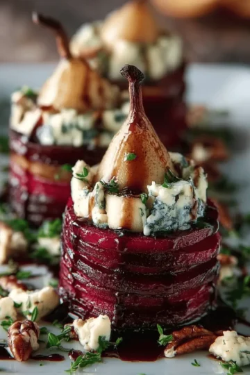 Roasted Beet Blue Cheese Towers with Pear & Balsamic Glaze