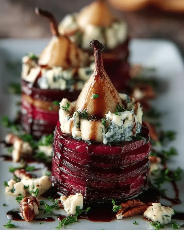 Roasted Beet Blue Cheese Towers with Pear & Balsamic Glaze