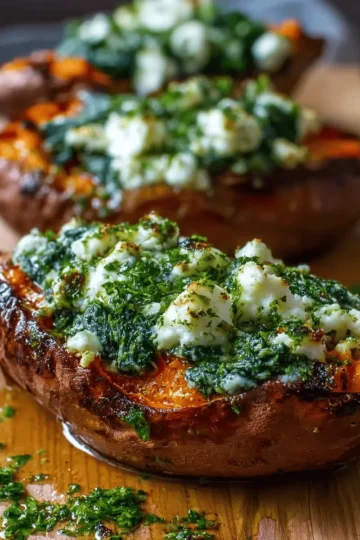 Spinach & Ricotta Stuffed Sweet Potatoes with Herb Drizzle