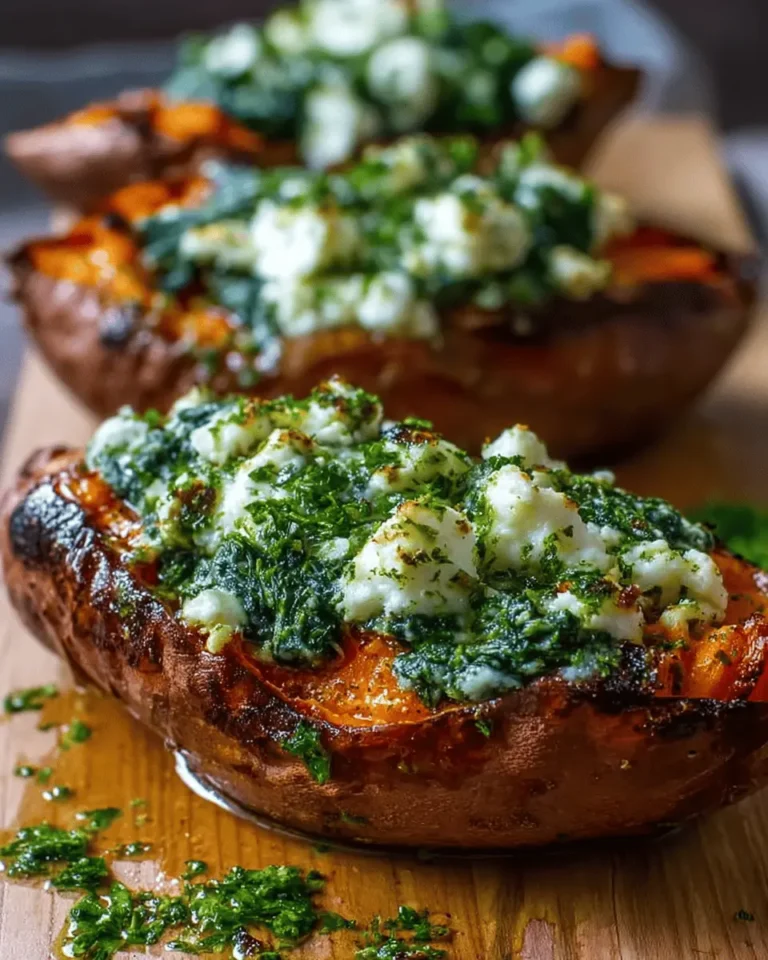 Spinach & Ricotta Stuffed Sweet Potatoes with Herb Drizzle