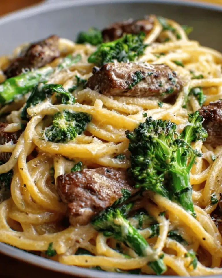 Creamy Beef & Baby Broccoli Alfredo Spaghetti