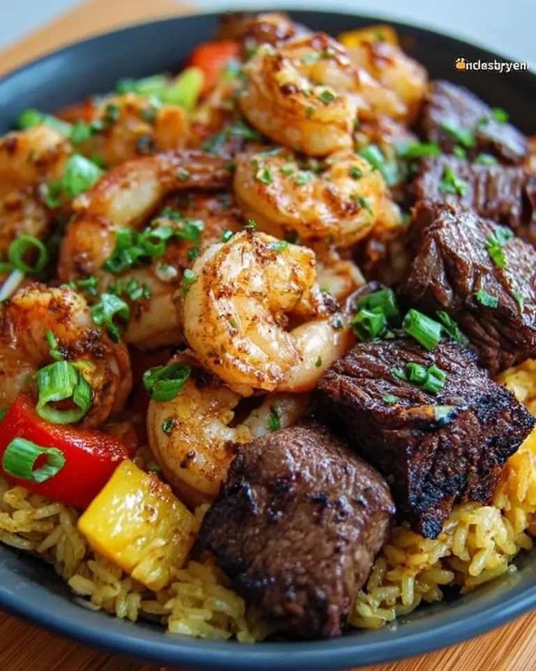Jerk Beef and Shrimp over Tropical Rice
