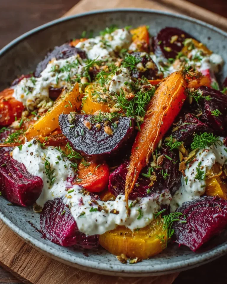 Roasted Beet and Carrot Salad with Feta and Garlic Yogurt Sauce