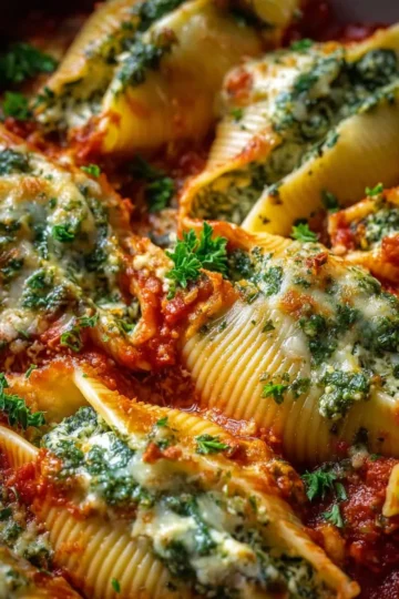 Baked Stuffed Shells with Creamy Tomato Sauce & Herb Pesto