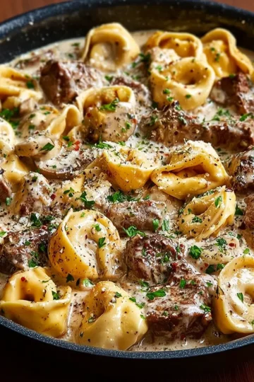 Creamy One‑Skillet Beef Stroganoff Tortellini with Savory Sauce