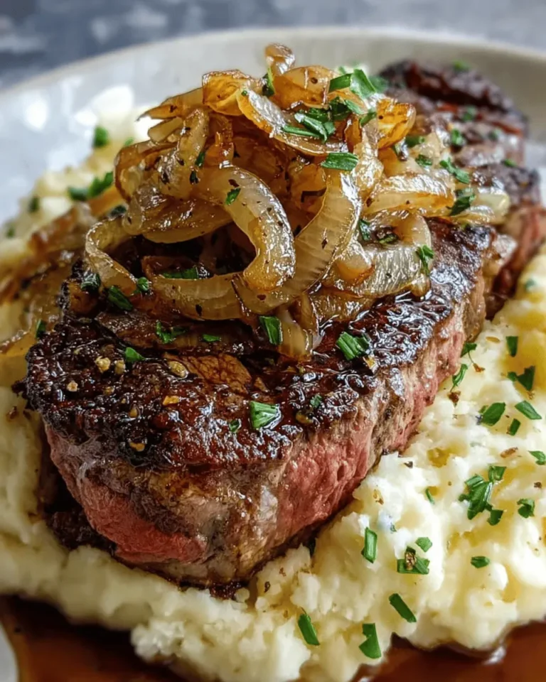 Ribeye Steak with Caramelized Onions and Mashed Potatoes