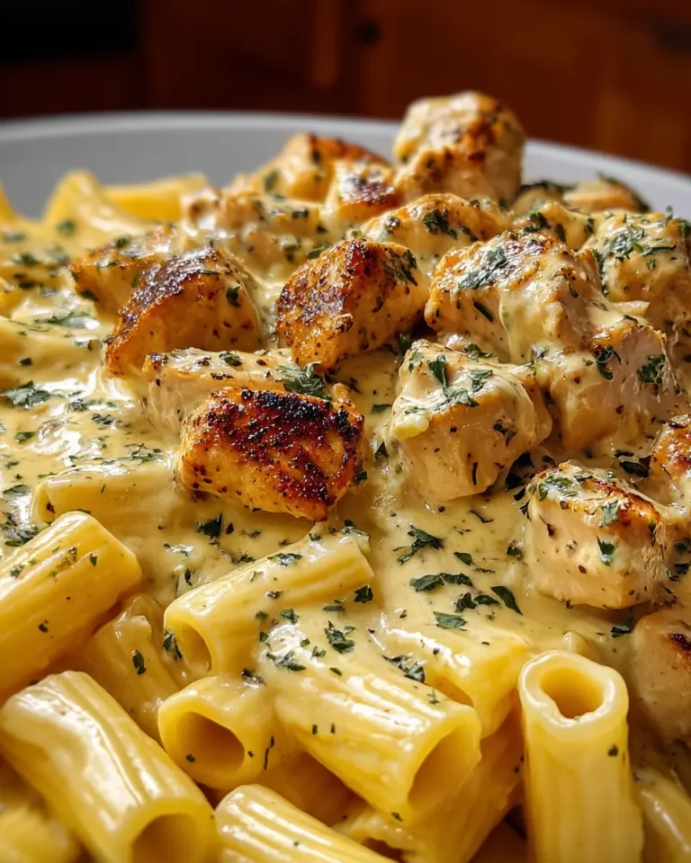 Creamy Chicken Bites and Rigatoni in Cheddar Parmesan Garlic Cream