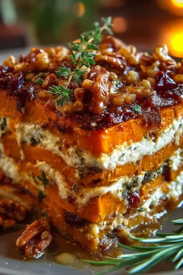 Layered Sweet Potato, Butternut Squash & Carrot Lasagna with Feta, Walnuts & Cranberry‑Honey Glaze
