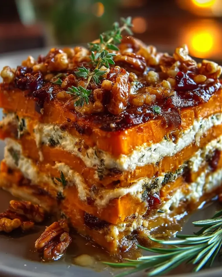 Layered Sweet Potato, Butternut Squash & Carrot Lasagna with Feta, Walnuts & Cranberry‑Honey Glaze