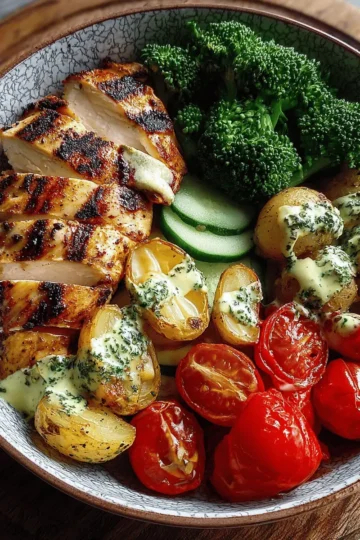 Grilled Chicken Bowl with Herb Potatoes, Steamed Broccoli & Fresh Veggies