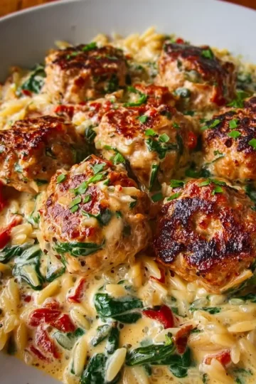 Creamy Tuscan Chicken Meatballs and Orzo