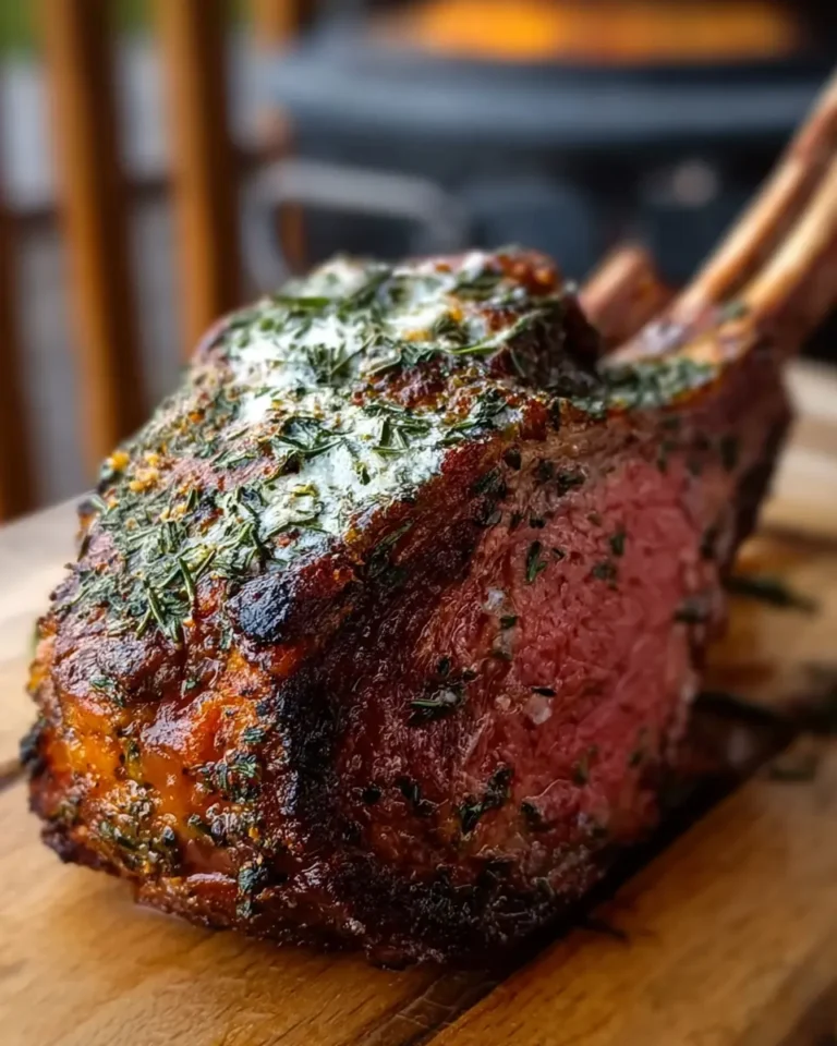 Tomahawk Rack Ribs garlic herb butter crusted tomahawk rib roast